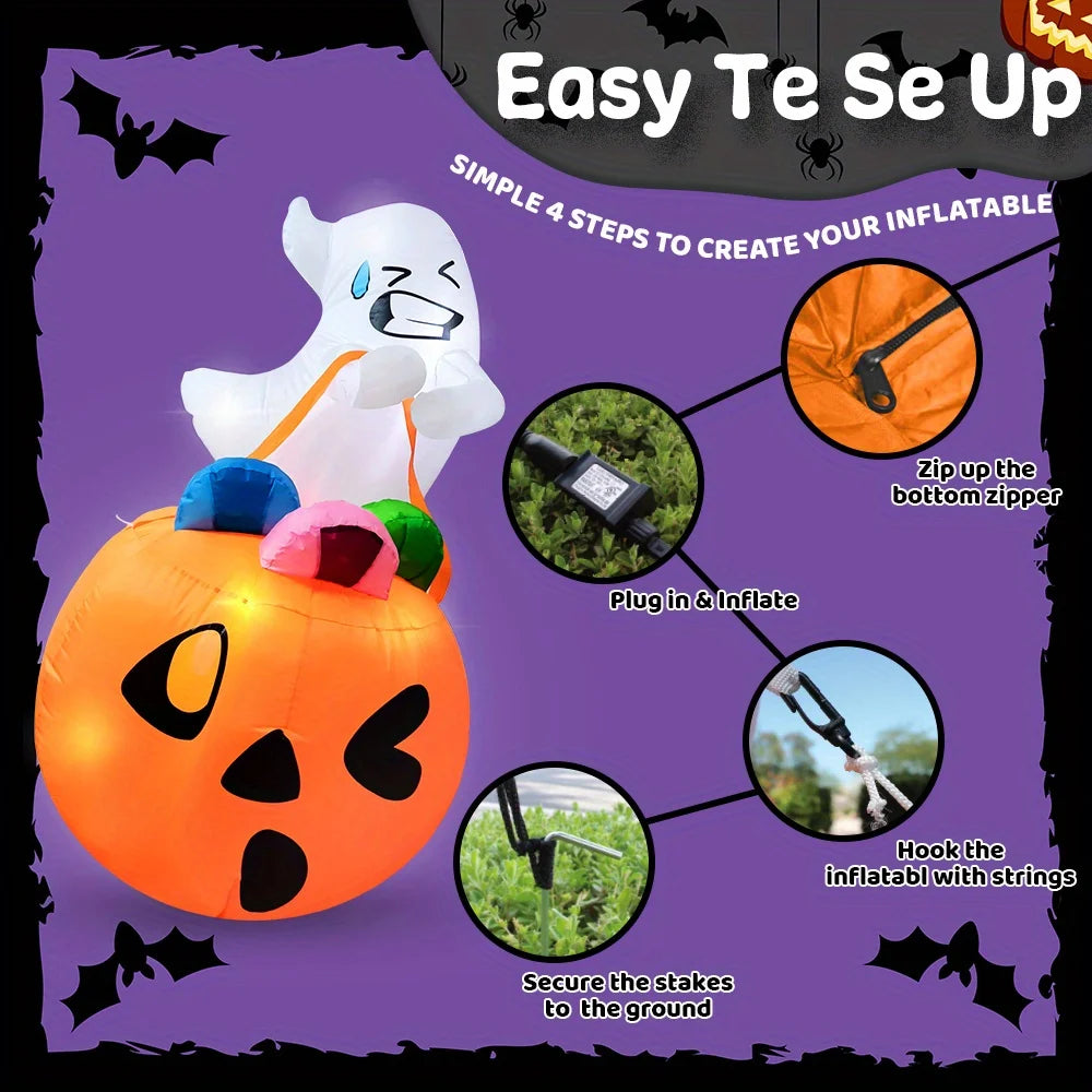 5 Ft Inflatable Ghost Halloween Decoration with LED Lights & Pumpkin Candy Bag