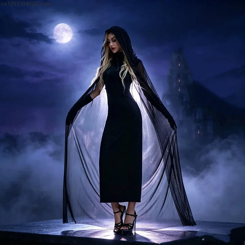 Gothic Dark Witch Cosplay Costume Women Black Fitted Dress Long Hooded Cape Gloves Halloween Vampire Outfit - product image 1