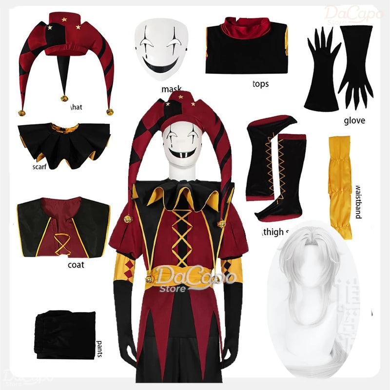 Freak Circus Pierrot Costume Clown Outfit Costume Game Halloween Horror Men's Cosplay - Costume and wig / XL