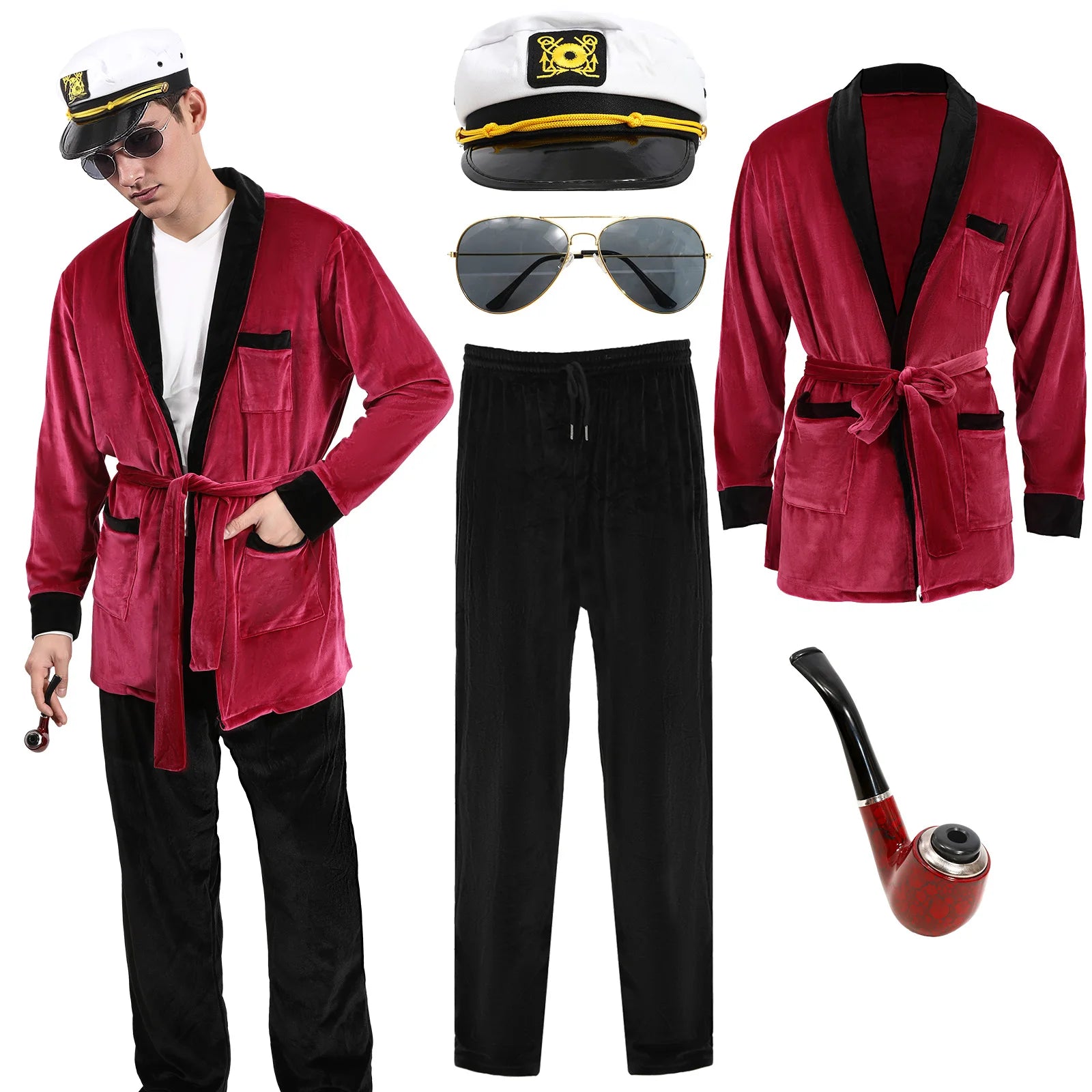 Men Velvet Robe Silky Long Sleeve Bathrobe Pajama with Sunglasses Captain Hat Belt PantsHalloween