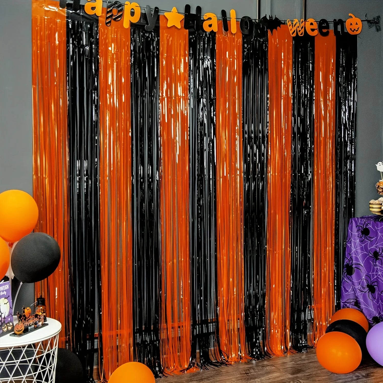 Black Orange Halloween Decoration, Tinsel Foil Fringe Backdrop for Photo - product image 1