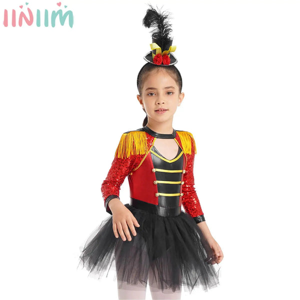 Kids' Teens Girls Magician Circus Clothes Long Sleeve Tutu Dress with Mini Costume