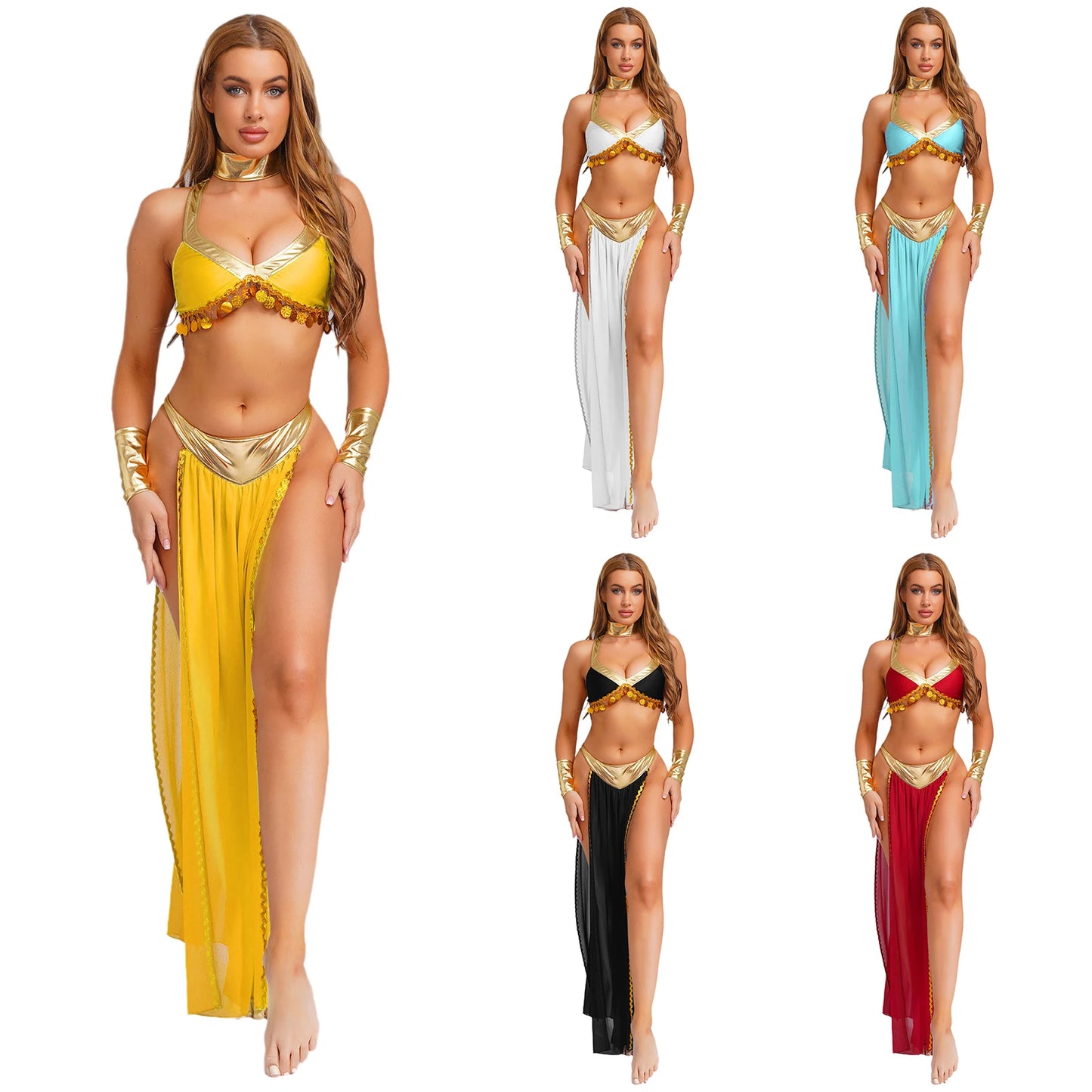 Women Halloween Cleopatra Ancient Egyptian Queen Sun Goddesses Cosplay Costume Crop Top with Skirt Belly Indian Dance Outfit