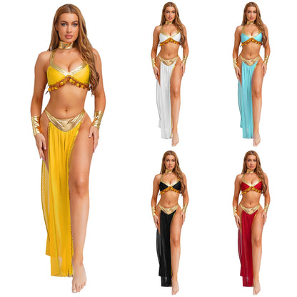 Women Halloween Cleopatra Ancient Egyptian Queen Sun Goddesses Cosplay Costume Crop Top with Skirt Belly Indian Dance Outfit