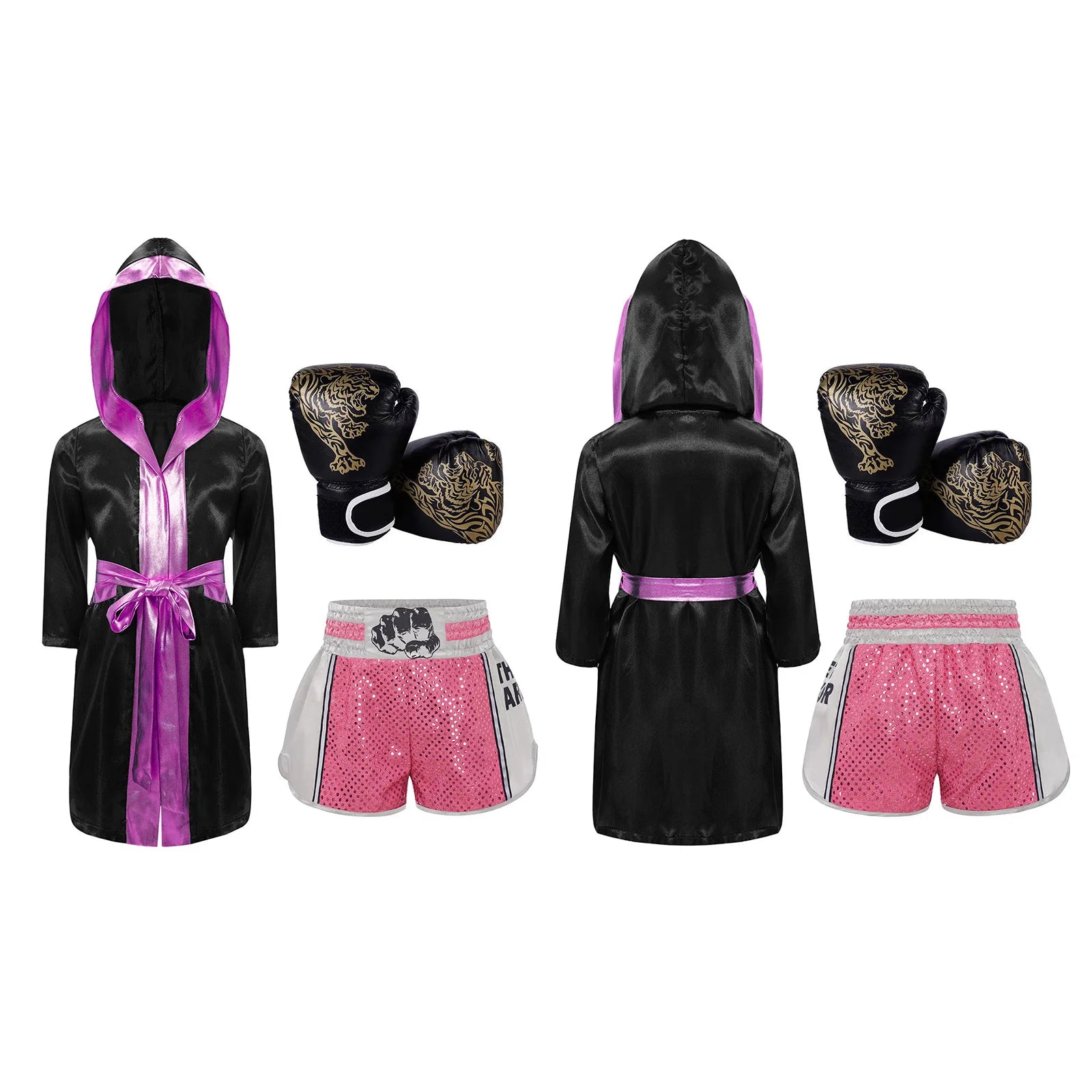 Boxing Long Sleeve Metallic Trim Satin Hooded Robe Belt Sequins Shorts Gloves - alternate view 10