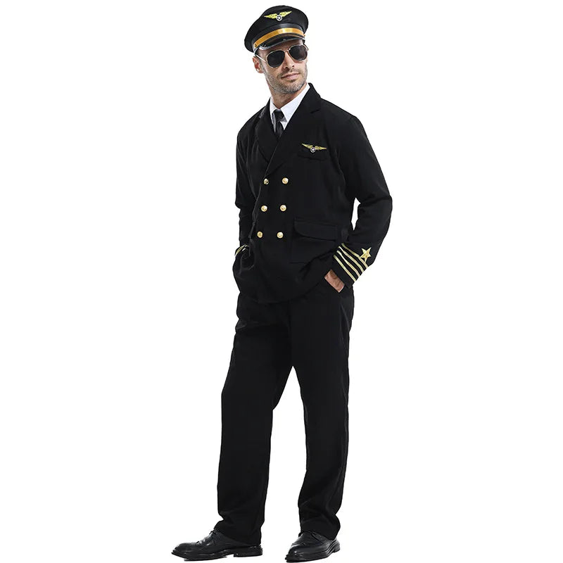 Halloween Costume Performance Airline Captain's Work Suit Flight Attendant Black Uniform - L