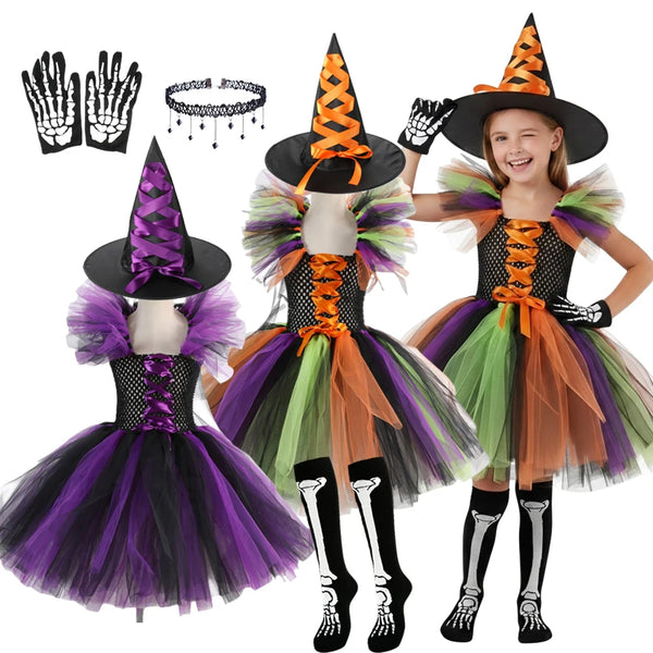 Girls Halloween Witch Dress With Hat Costume Vestidos Kids Party