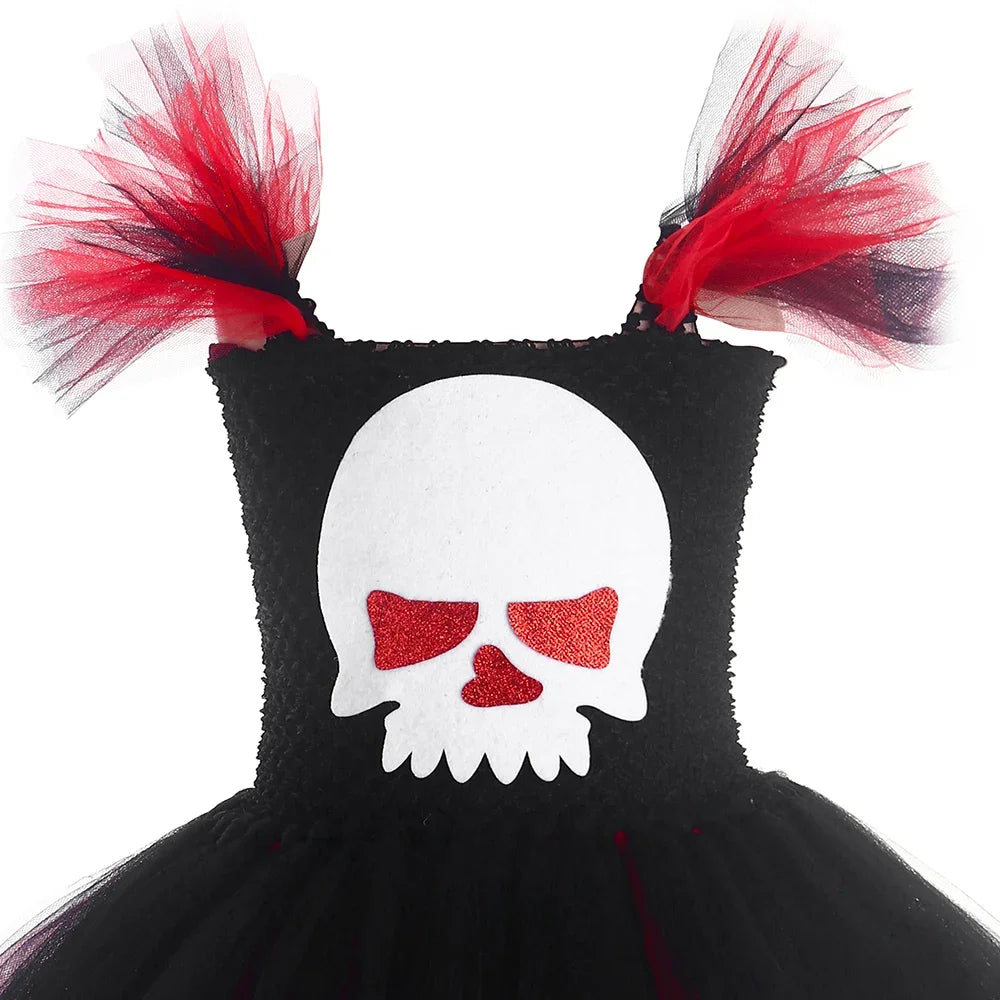Scary Ghost Skull Costume for Girls Halloween Day of The Dead Dress Up Clothes Red Black Kids Fancy Tutu Dress - product image 6