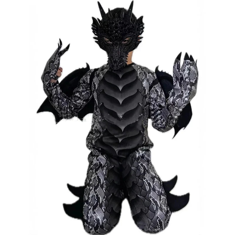Dragon Jumpsuit With Wing And Mask Outfit Child Boys Black Blue Dragon Costume Dress