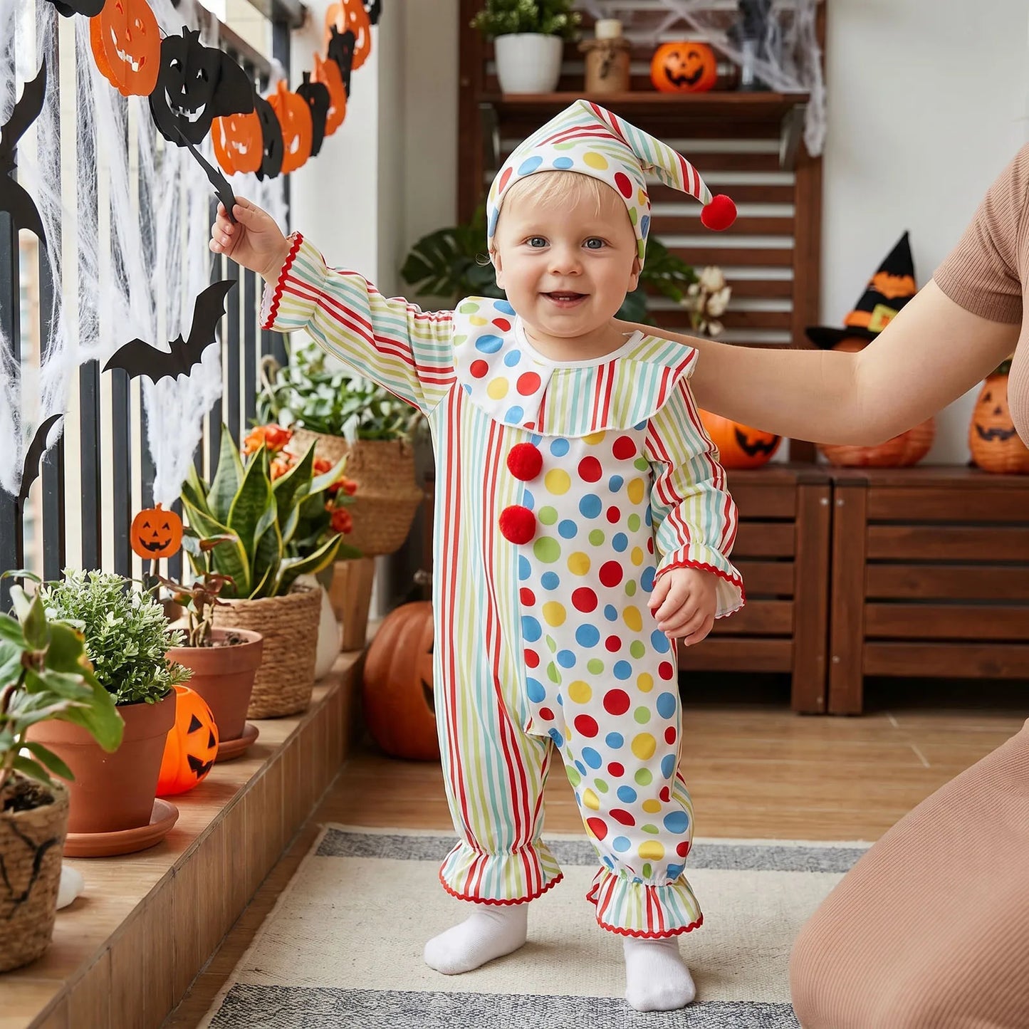 Toddler Baby Clown Costume Stripe Dot Print Sleeve Jumpsuit with Hat Baby Boy Halloween - Pink / 18M