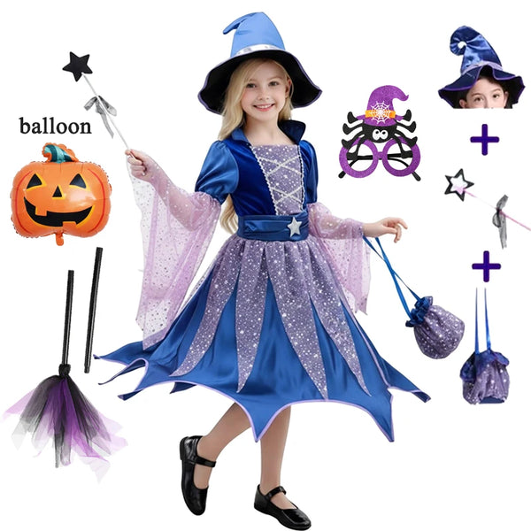 Halloween Costume Girls Costumes Witch Dress 4 PCS Bag Hat Wand Suit Kids Costume Vestidos - 5 PCS B / 2T(100)