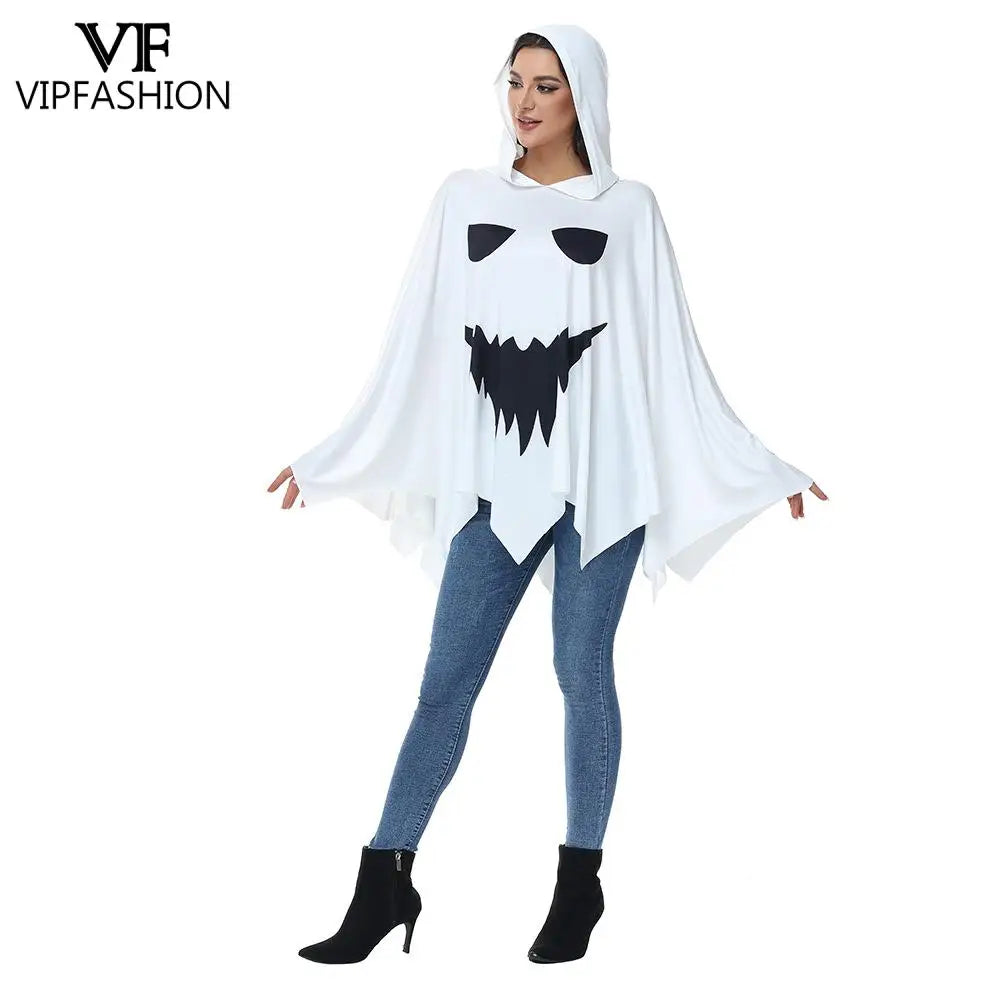 VIP FASHION Halloween Ghost Cloak Scary Cosplay Costume Horror Face Printed White Hood Cape Day of the Dead - product image 2