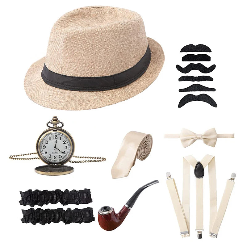 Halloween 1Set 1920's Costume Hat Pocket Watch Neck Tie Moustache Bowtie Gatsby - View 15