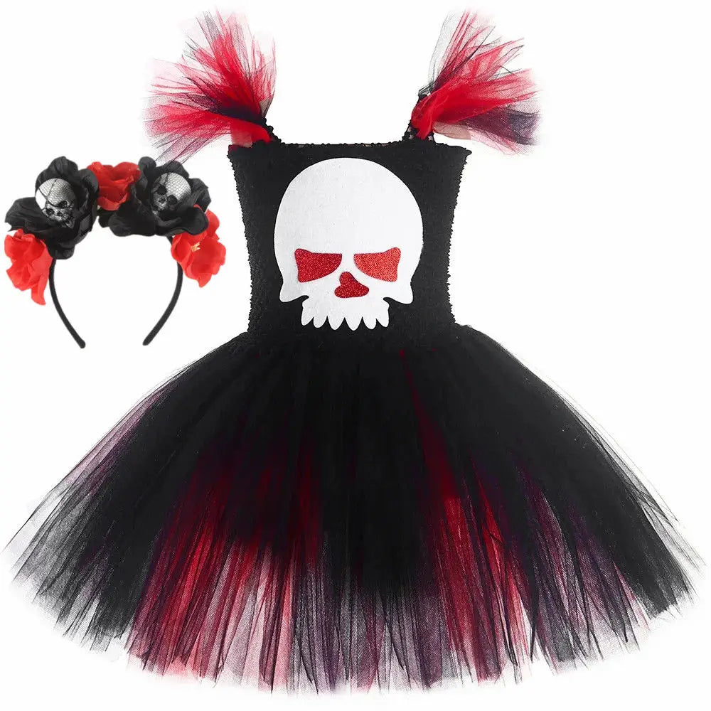 Scary Ghost Skull Costume for Girls Halloween Day of The Dead Dress Up Clothes Red Black Kids Fancy Tutu Dress - product image 7