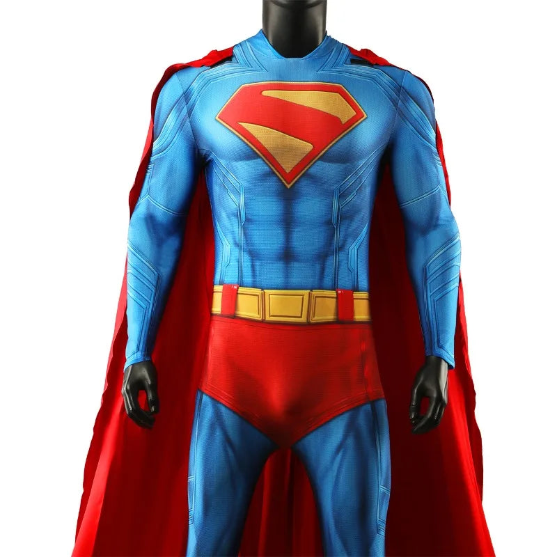 Superman Costume 3D Printed Blue Zentai Jumpsuit with Red Cape for Men Superhero Halloween - Clothes Cloak / XL