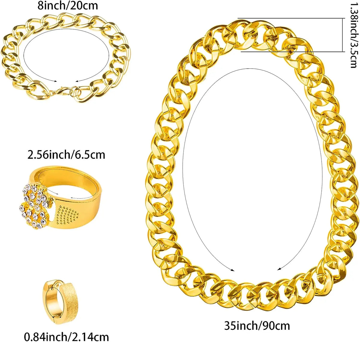 PESENAR 80s 90sHip Hop Costume Kit Metal Chain Flat Top Sunglasses Rapper Big Chain