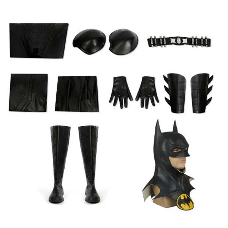 Michael Keaton Superhero Bat Bruce Wayne Costume Hero Armor Outfit with Cowl Black Leather - Full Set NO Mask / Custom size