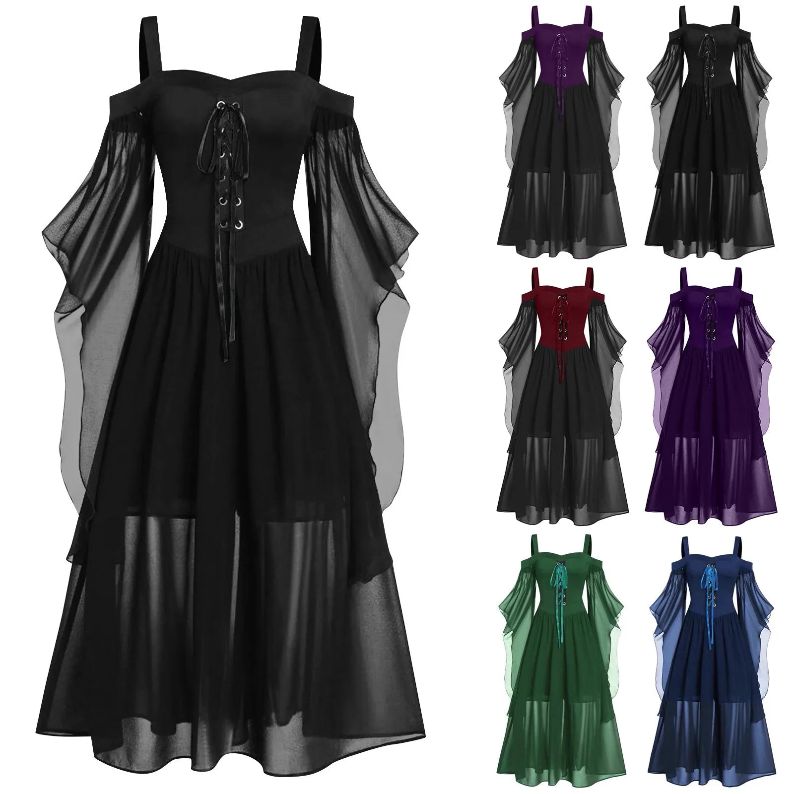 Women's Plus Size Dress Cold Shoulder Butterflies Sleeve Lace Up Gothic Costume - alternate view 2