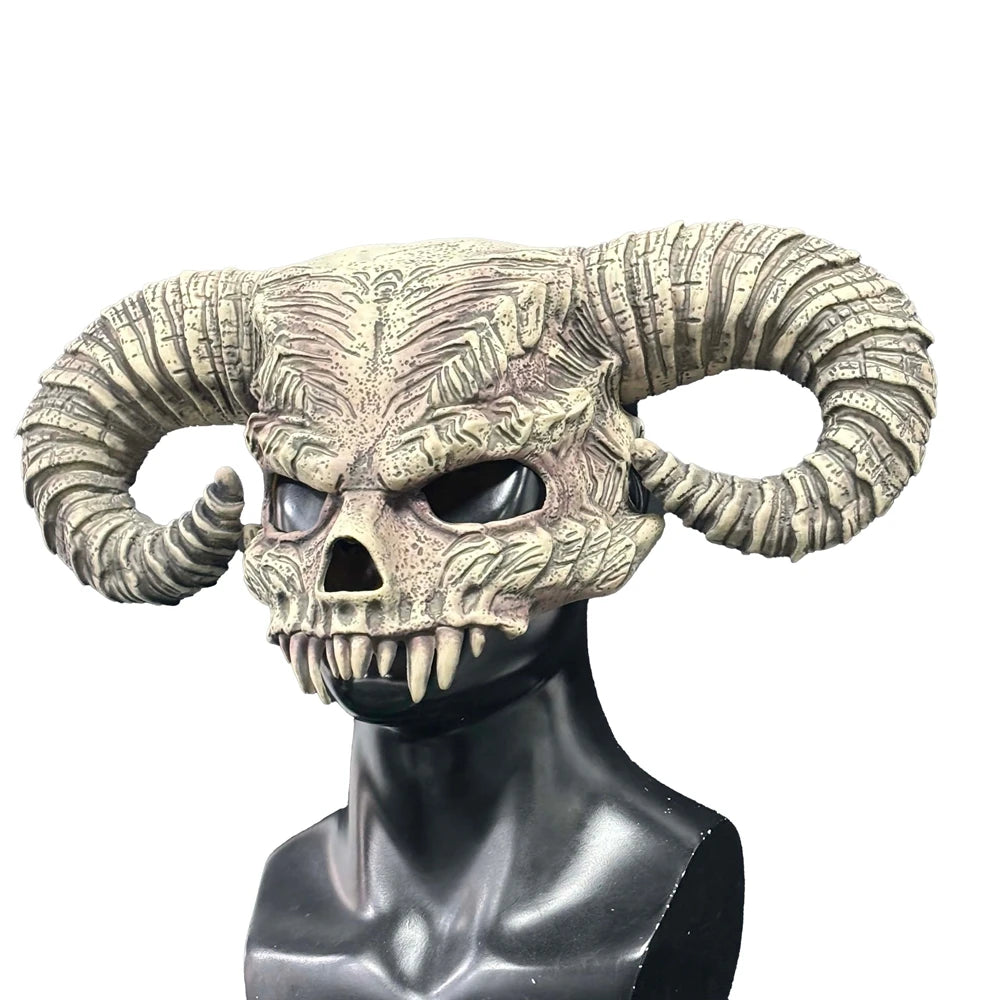 Realistic Satan's Bull Horn Latex Mask Horror Ox Horn Demon Hood MasqueradeHalloween