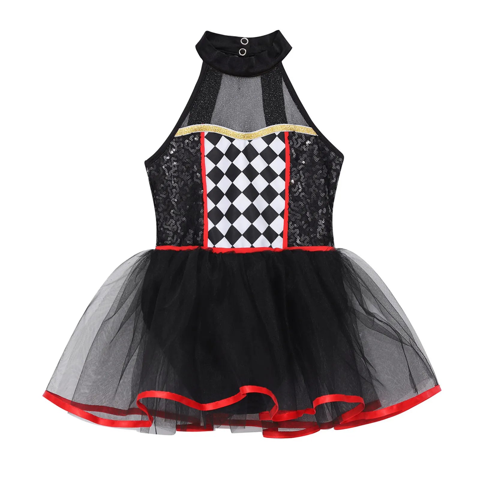 Kids' Girls Clown Jester Circus Halter Neck Checkerboard Sequins Tutu Costume - alternate view 3