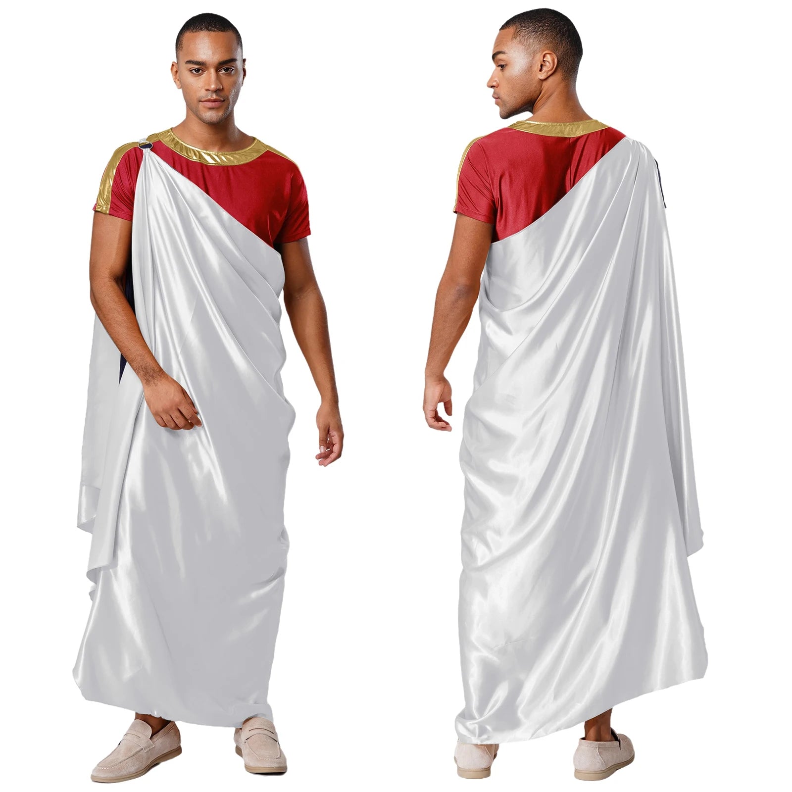 Men Halloween Ancient Greek God Hades Costume Short Sleeve Robe with One Shoulder Satin - Gold / M