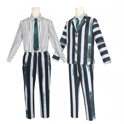 Adult Men's Costume Black and White Striped Suit with Wig for Halloween Costume Outfit - Costume and Wig / XL