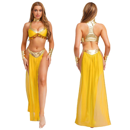 Women Halloween Cleopatra Ancient Egyptian Queen Sun Goddesses Cosplay Costume Crop Top with Skirt Belly Indian Dance Outfit