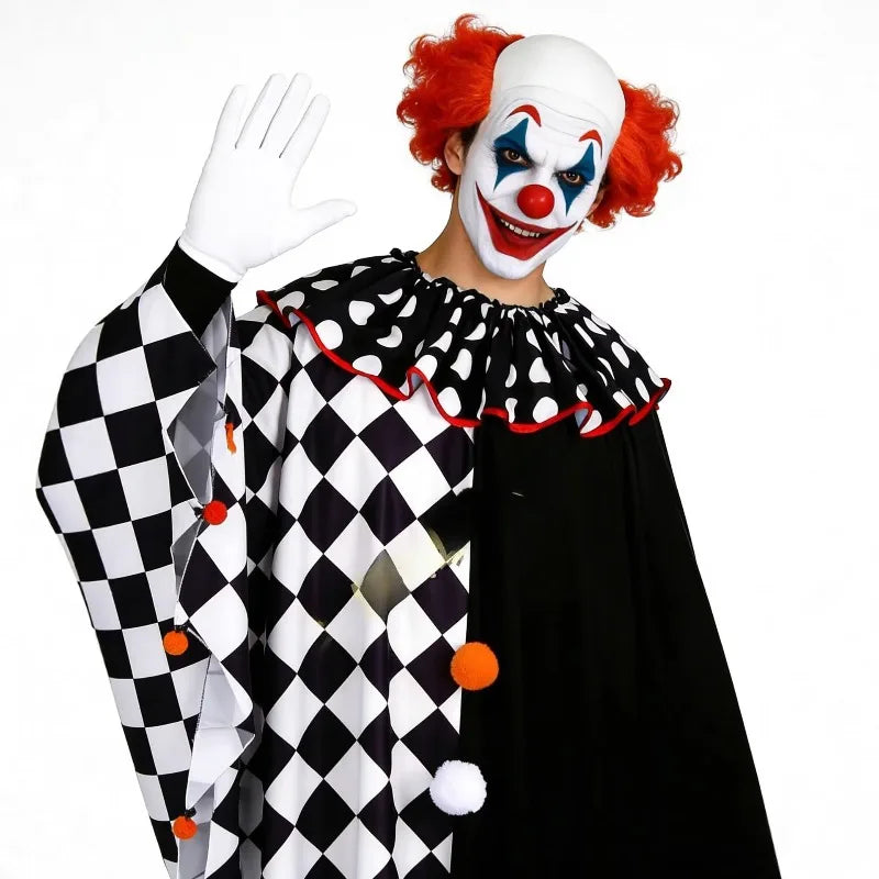 Black & White Pierrot Clown Costume – Ruffled Cape & Accessories