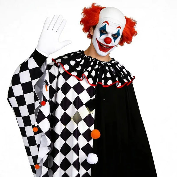 Black & White Pierrot Clown Costume – Ruffled Cape & Accessories