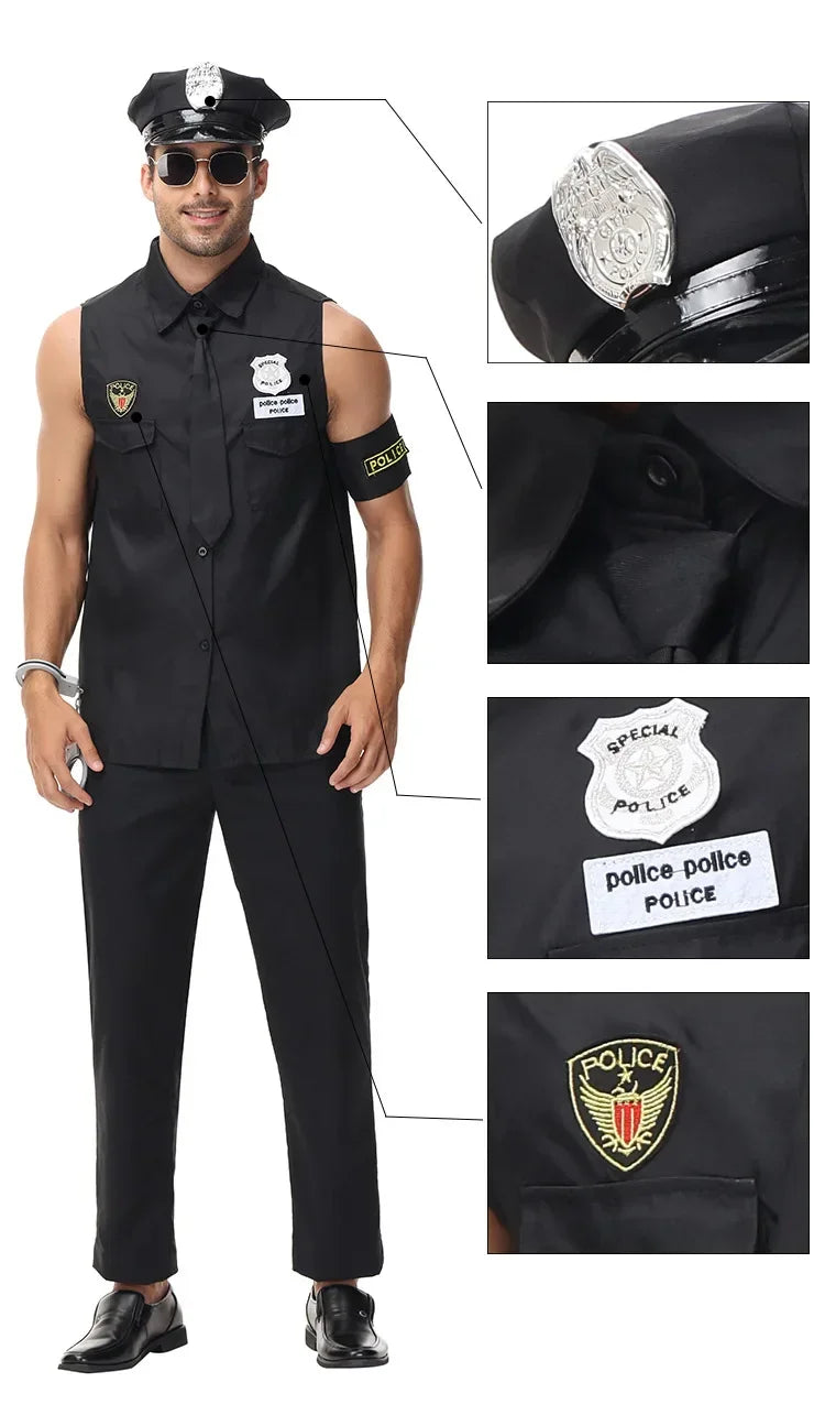 Adult Man America U.S Police Costume Top Shirt Men Cop Costume Halloween Set - black / L(height 66.9–70.9 in (170–180 cm))