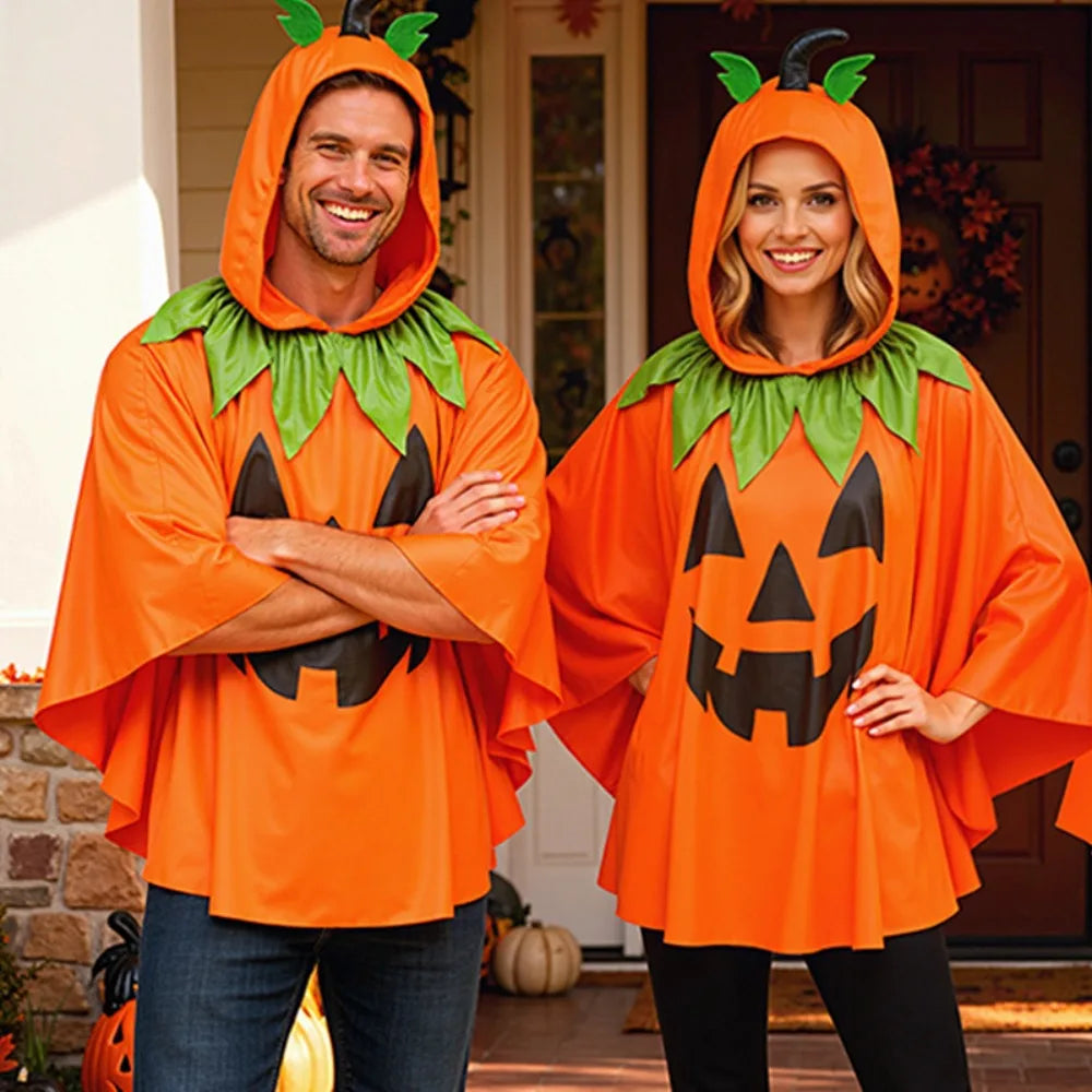 Adults Horn Hooded Pumpkin Cape Cloak with Trick or Treat Candy Bag Costume