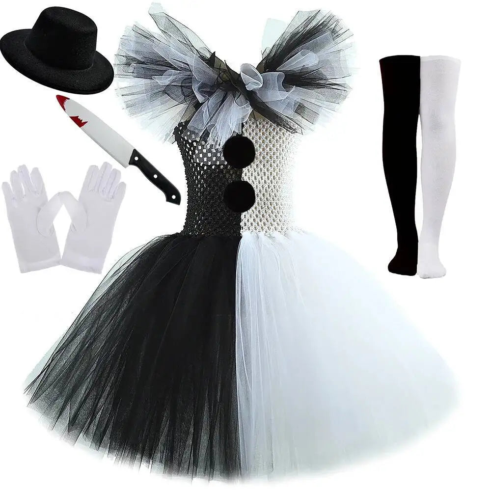 White Black Scary Clown Costumes for Girls Creepy Halloween for Kids Tutus Kids Horror - Only Dress / 3Y