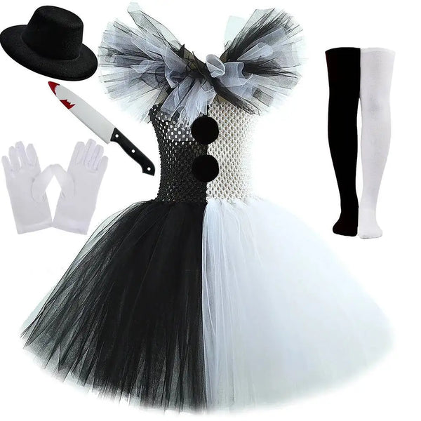 White Black Scary Clown Costumes for Girls Creepy Halloween for Kids Tutus Kids Horror - Only Dress / 3Y