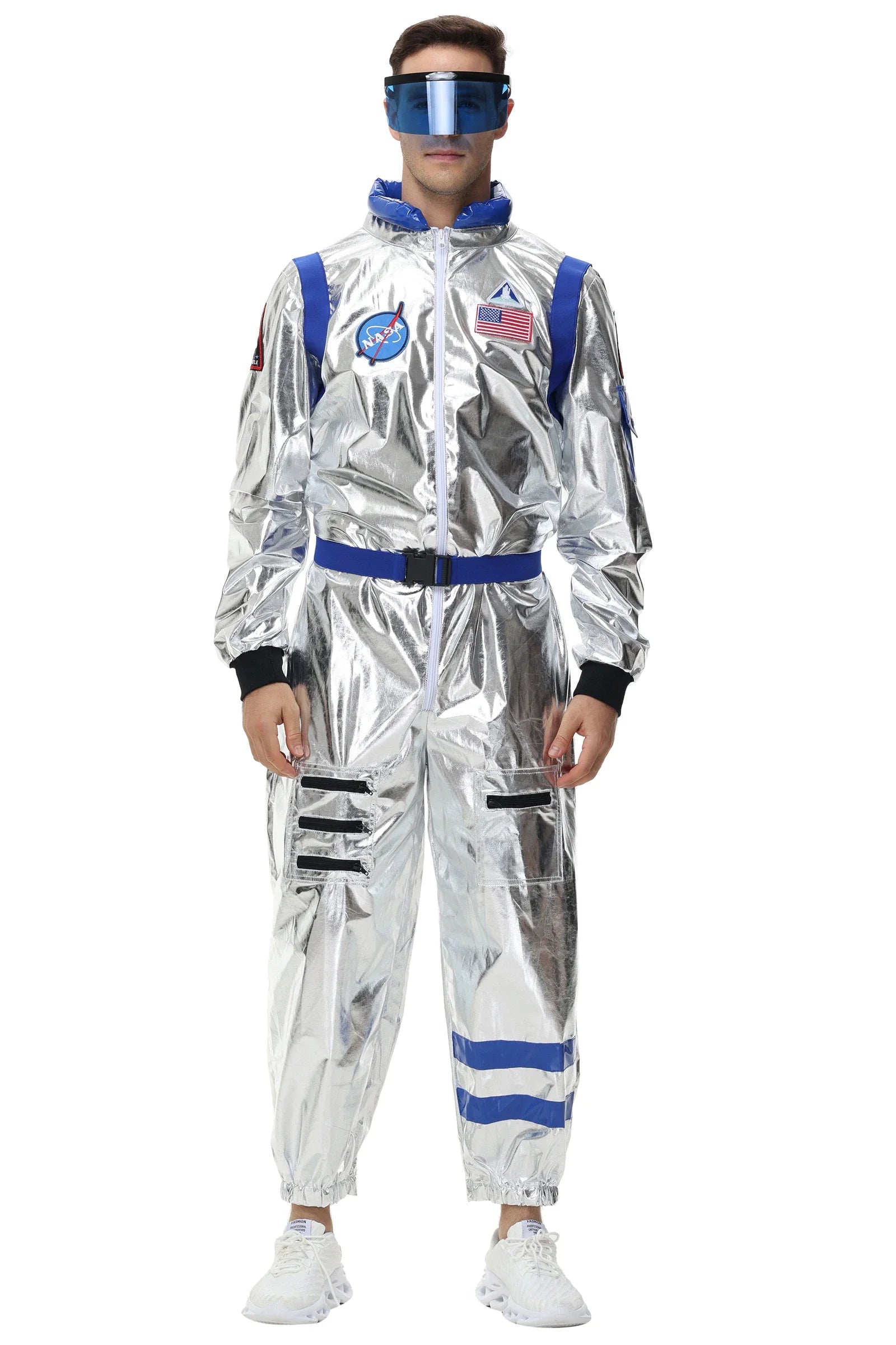 Halloween Silver Spaceman Men Women Space Suit Adult Kids Astronaut Costume Family Dress - B-Women-With Glasses / L