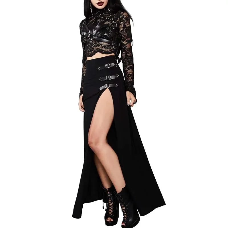 Women's Gothic Pirate Witch High-Waist Slit Costume Skirt