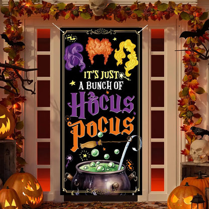 Halloween Door Cover, Hocus Pocus Sanderson Sisters Front Porch Door Sign Banner, Halloween Decorations and Supplies for Home
