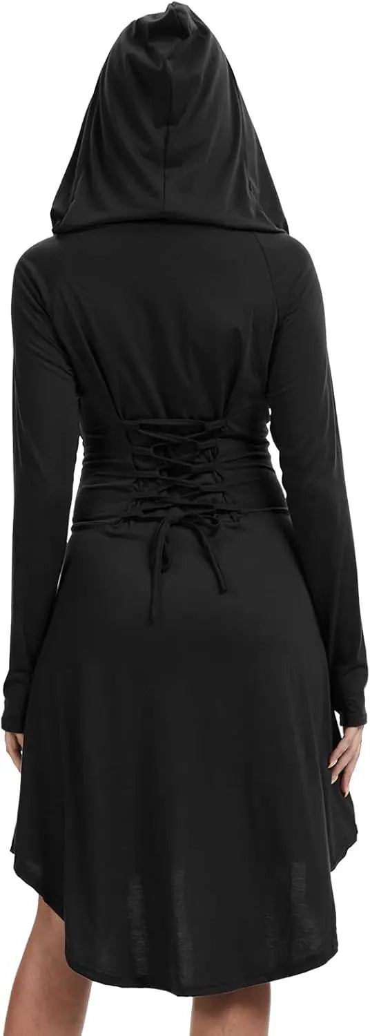 Womens Renaissance Costumes Hooded Robe Lace Up Halloween Medieval High Low Long Hoodie Dress Cloak - product image 3