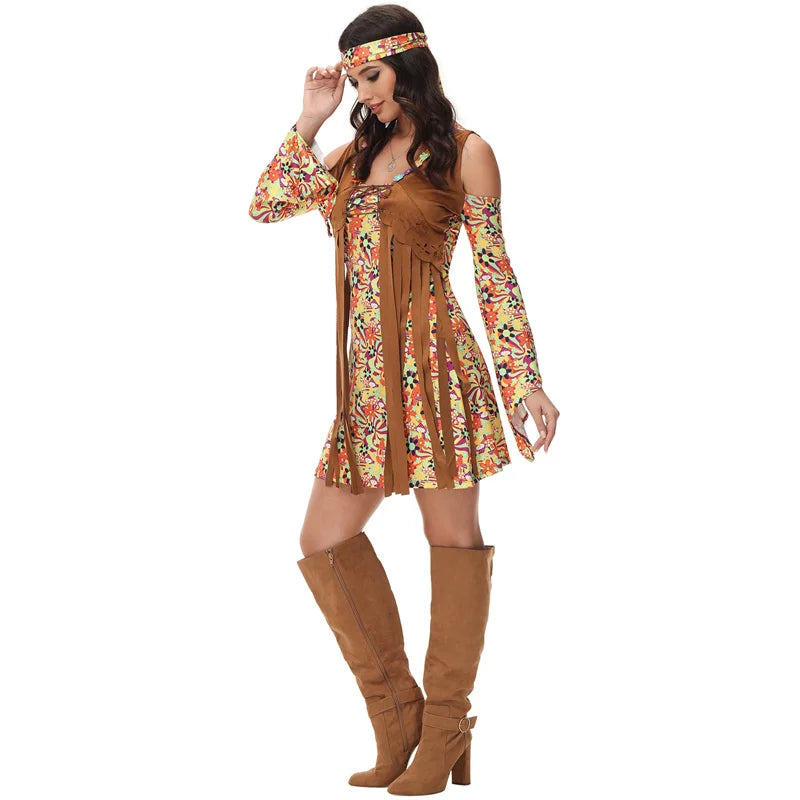 70s Disco Costume Women Retro Hippie Dress Female Disco Dress Disco Headwear Two-piece Brown Print Fashion - product image 3