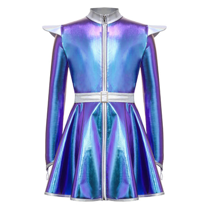 Kids Halloween Alien Costume Girls Metallic Shiny Zipper A-line Tutu Dress for Outer Space Robot Astronaut - product image 6
