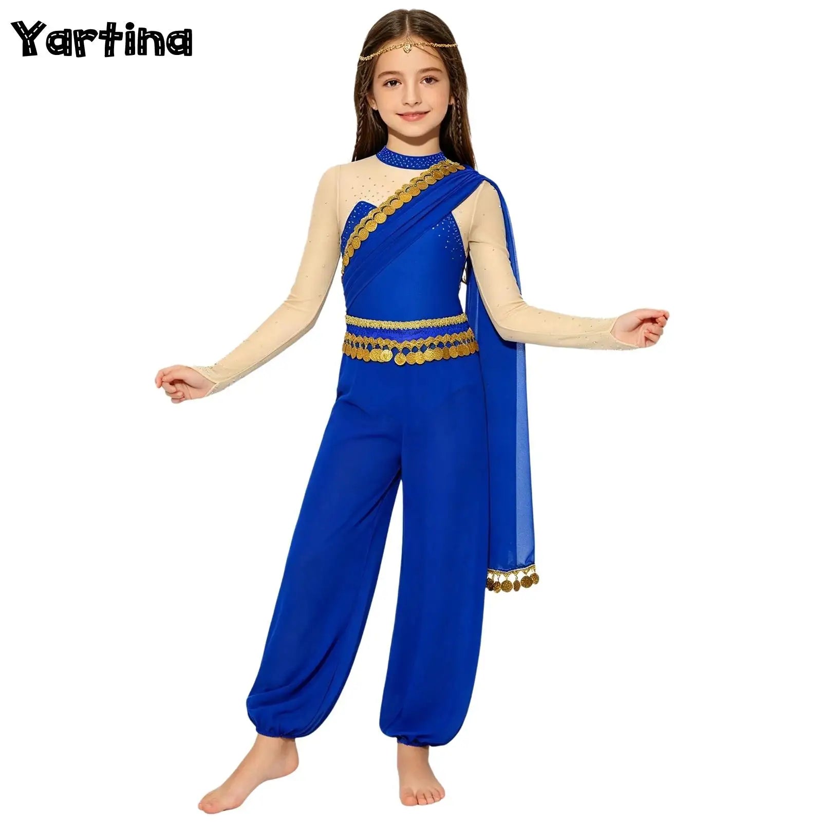 Girls Arabian Princess Belly Dance Outfits Halloween Cosplay Costume Sequins Tassels Rhinestone Jumpsuit Long - product image