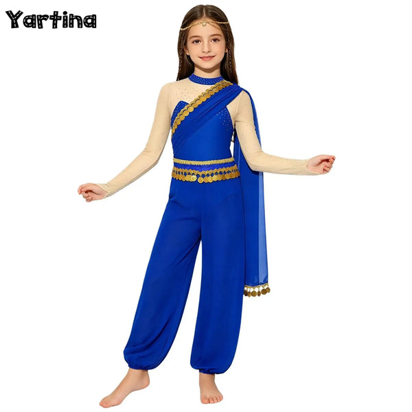 Girls Arabian Princess Belly Dance Outfits Halloween Cosplay Costume Sequins Tassels Rhinestone Jumpsuit Long - product image 1