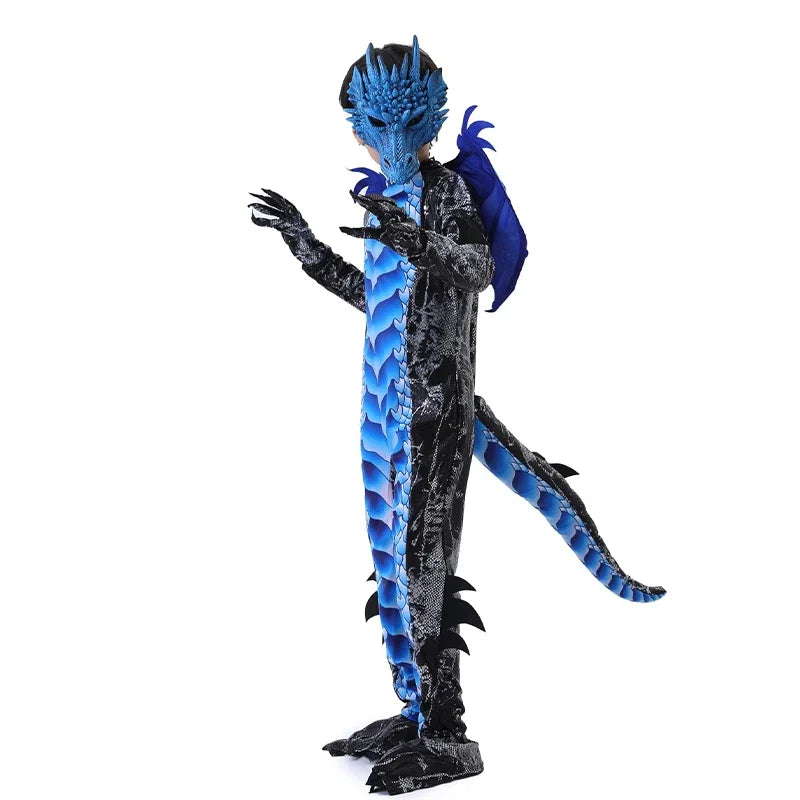 Dragon Jumpsuit With Wing And Mask Outfit Child Boys Black Blue Dragon Costume Dress