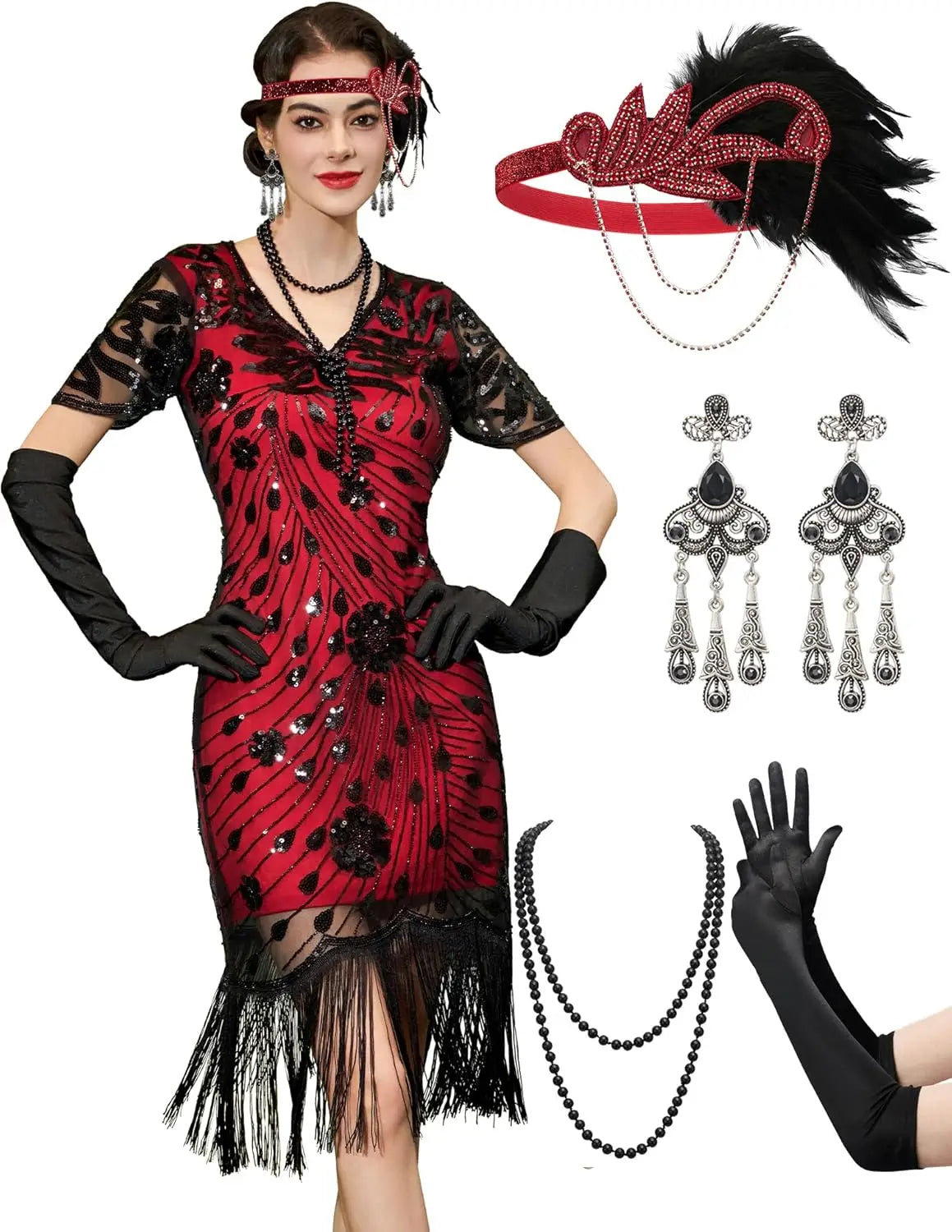 Flapper Dresses 1920s,Great Gatsby Dresses for Women Fringe Roaring 20s Costumes with 20s Accessories for Harlem Nights