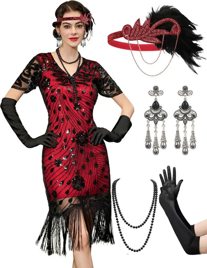 Flapper Dresses 1920s,Great Gatsby Dresses for Women Fringe Roaring 20s Costumes with 20s Accessories for Harlem Nights