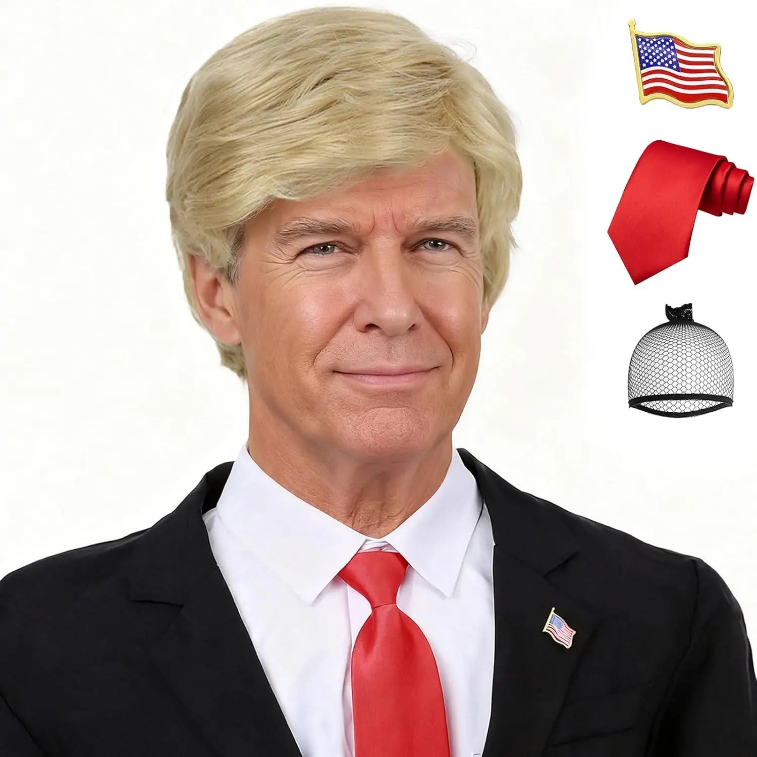 Synthetic 3pc Donald Costume Kit Red Tie Flag Pin Compatible with Pres Donald WigHalloween