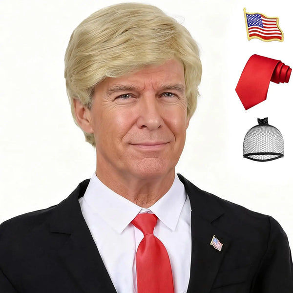 Synthetic 3pc Donald Costume Kit Red Tie Flag Pin Compatible with Pres Donald WigHalloween