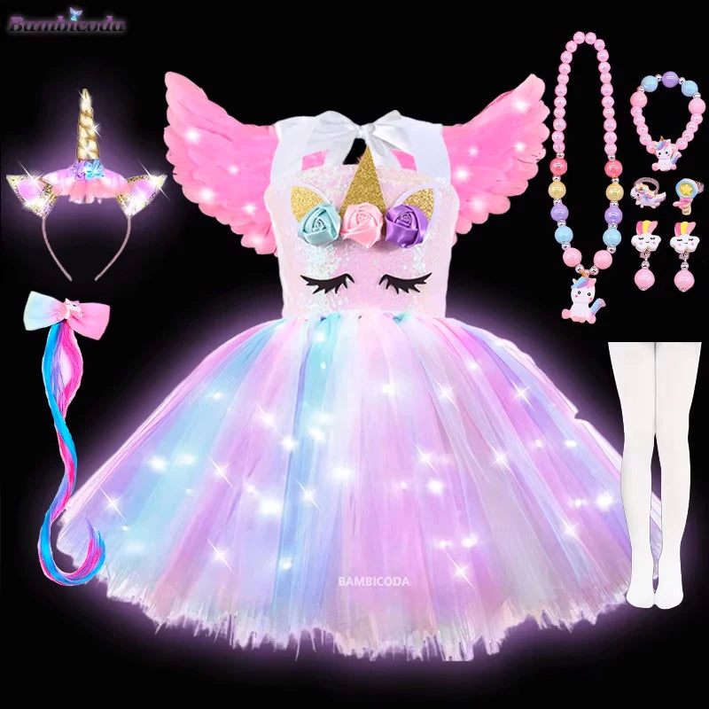 Girls Shiny Unicorn Tutu Led Lighting Dress Glowing Dresses Princess Dress Clothing