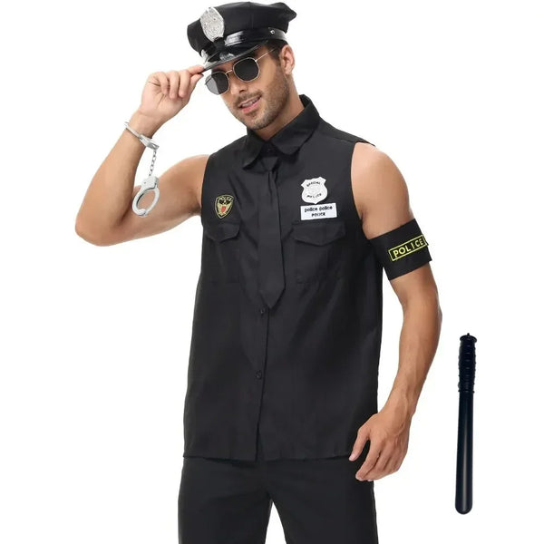 Adult Man America U.S Police Costume Top Shirt Men Cop Costume Halloween Set - black / XL(height 70.1–74.8 in (178–190 cm))