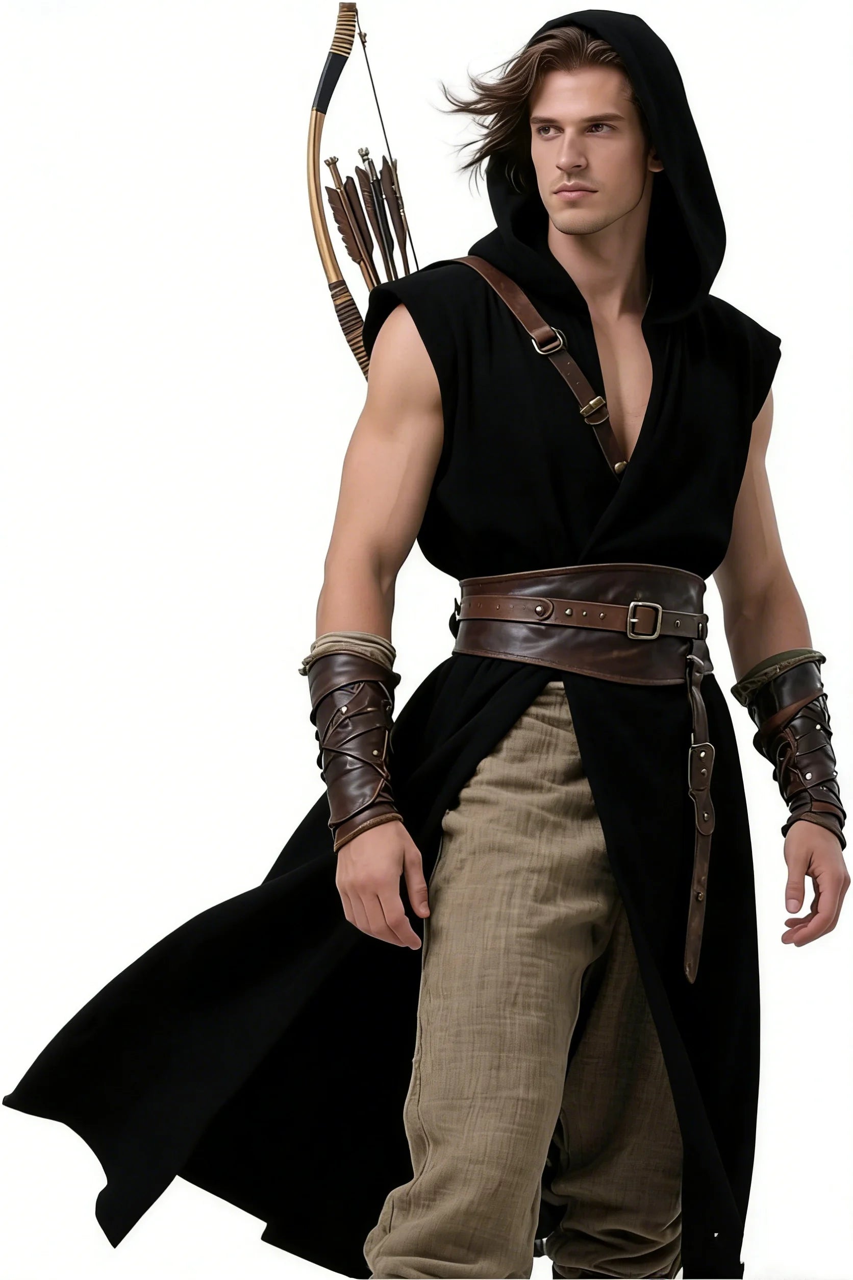 Men's Medieval Hooded Surcoat Renaissance Tabard Sleeveless Tunic Cloak Viking Costume - army green / L