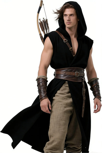 Men's Medieval Hooded Surcoat Renaissance Tabard Sleeveless Tunic Cloak Viking Costume - army green / L